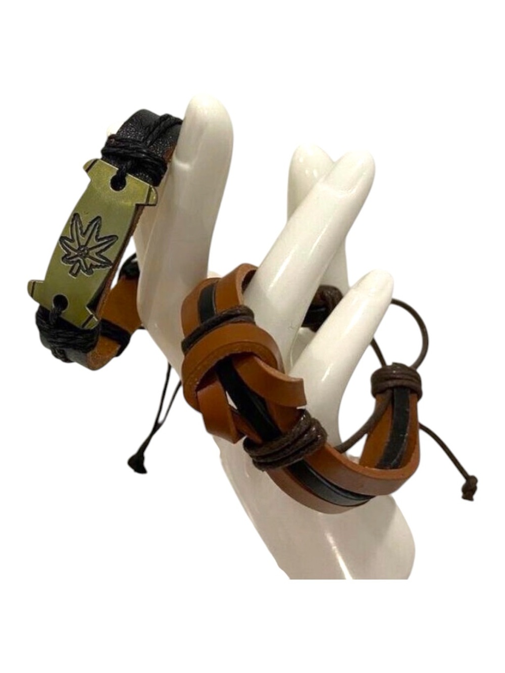 Pot Leaf Weed Leather 2 Bracelet duo Set With Metal Plate & Adjustable Strap